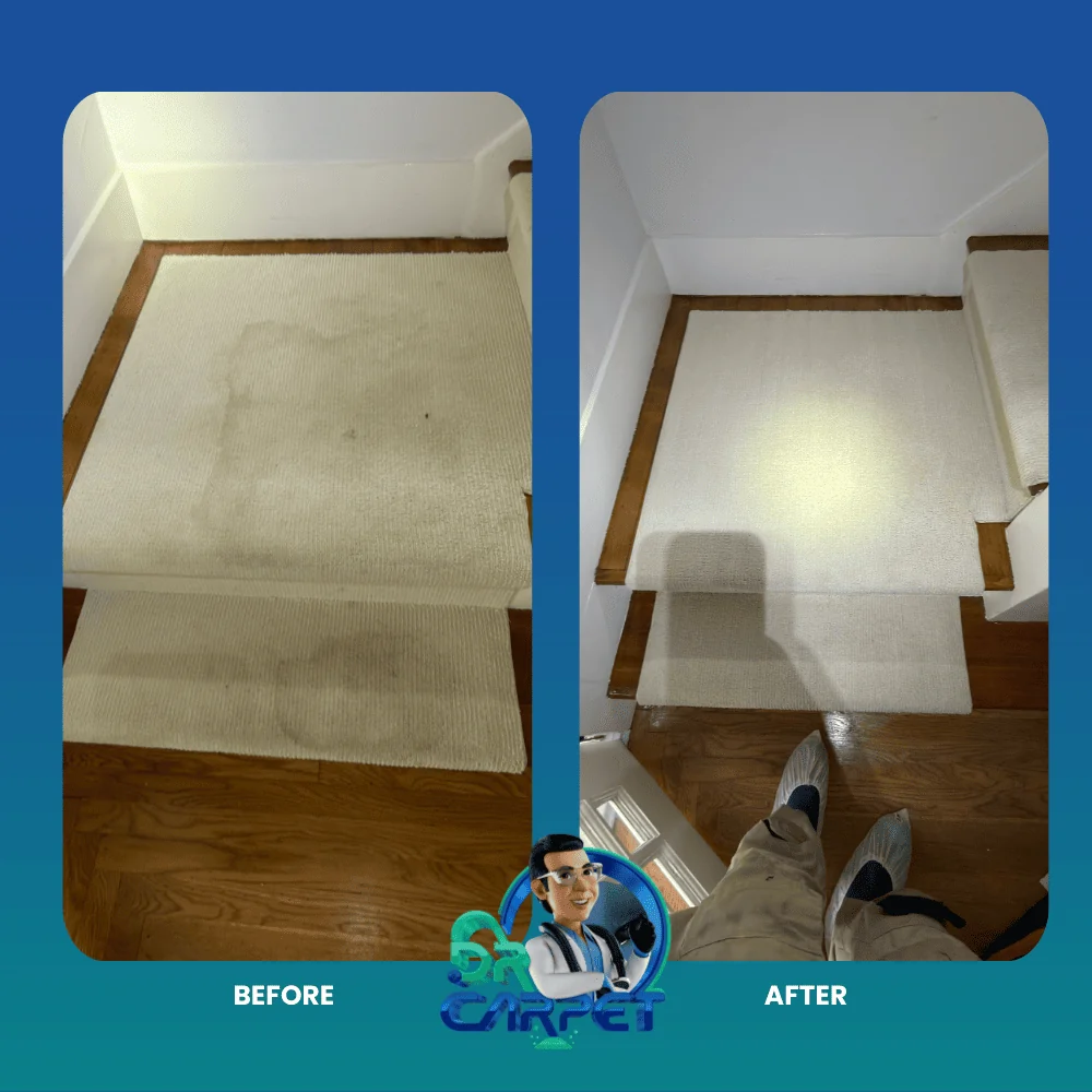 Carpet on a stair landing before and after cleaning by Dr. Carpet