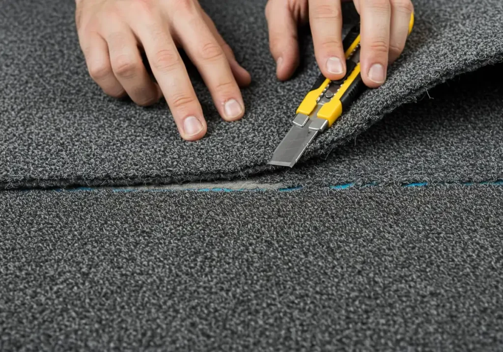Technician repairing a carpet seam with a patch