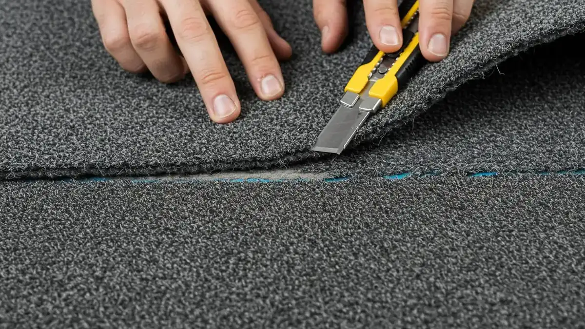 Technician repairing a carpet seam after lifting the carpet