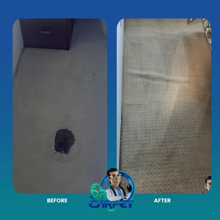 Dark carpet stain before and after spot treatment by Dr. Carpet