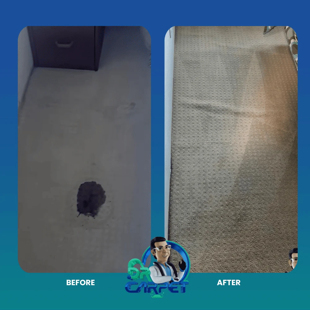 Dark carpet stain before and after spot treatment by Dr. Carpet