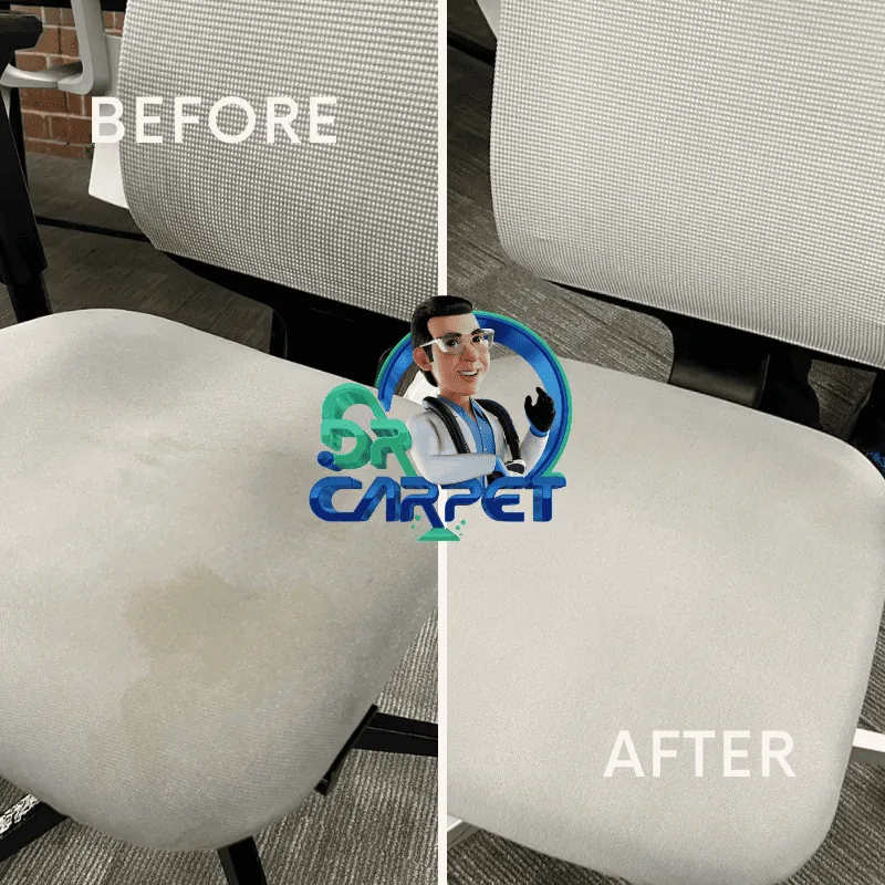 White fabric chair before and after cleaning by Dr. Carpet