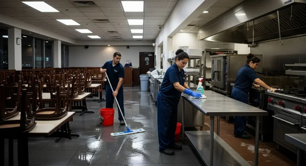 Cleaning crew working in a commercial dining room