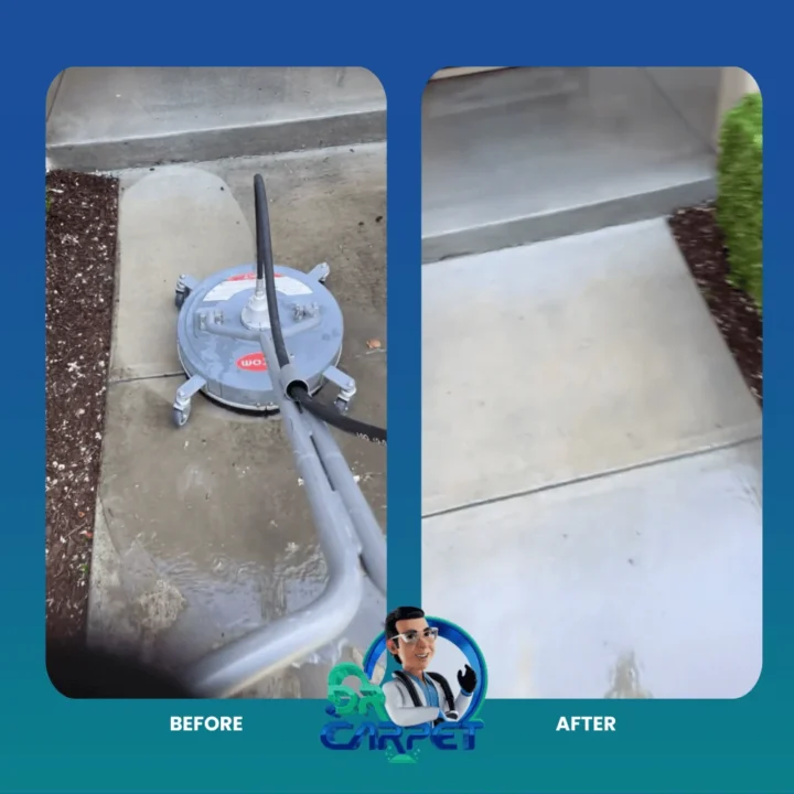 Concrete walkway before and after power washing by Dr. Carpet
