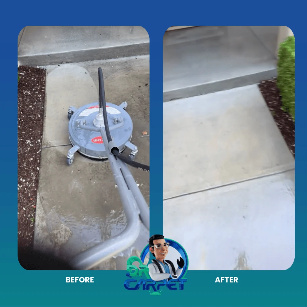 Concrete walkway before and after power washing by Dr. Carpet