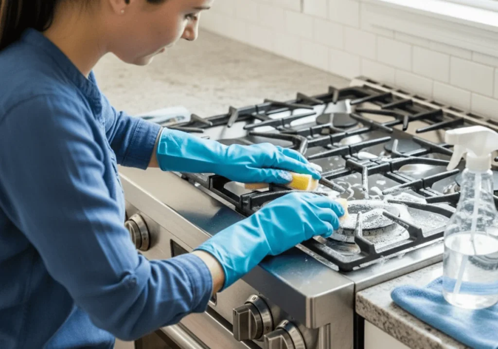 Cleaner deep cleaning a gas stovetop