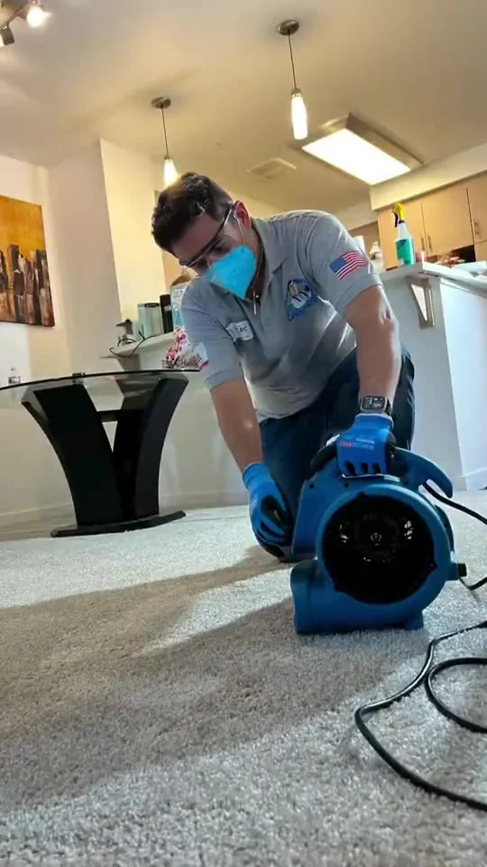 Dr. Carpet technician placing an air mover to speed up carpet drying