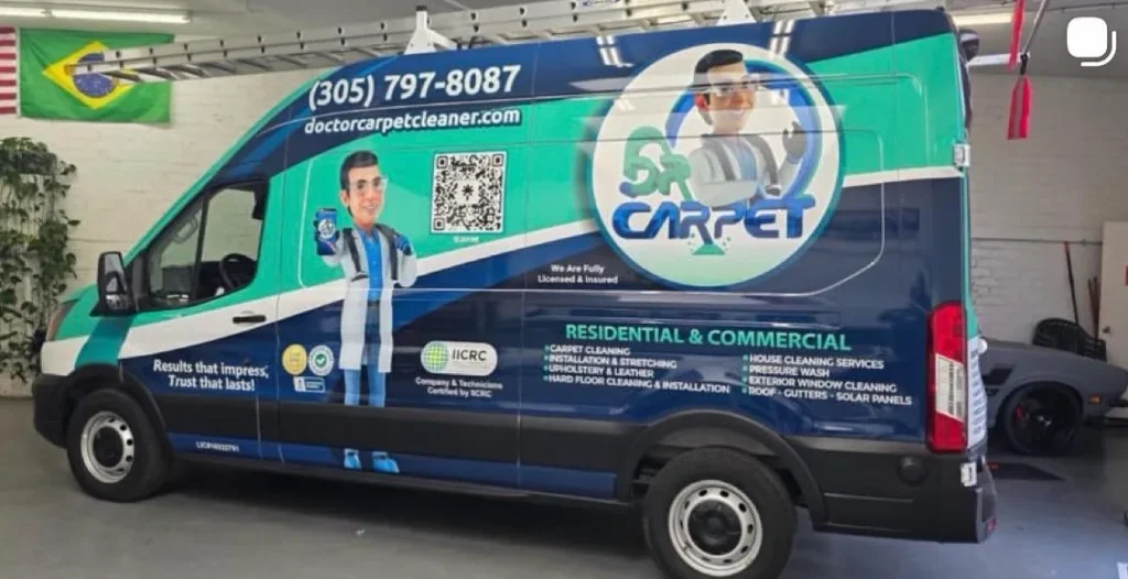 Dr. Carpet cargo van wrapped with the company logo, services and IICRC certification