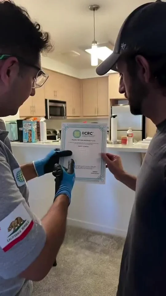Pedro Andrade showing his IICRC certificate to a client