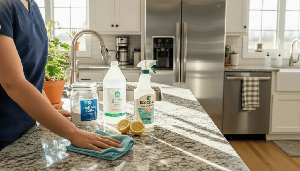 Eco-friendly cleaning products on a kitchen counter