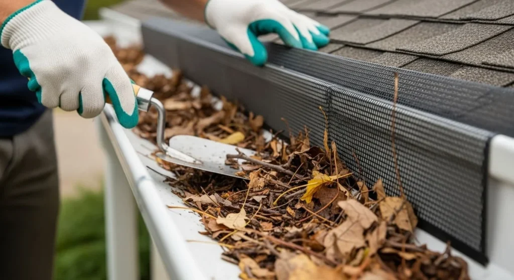 Gloved hands clearing leaves out of a gutter