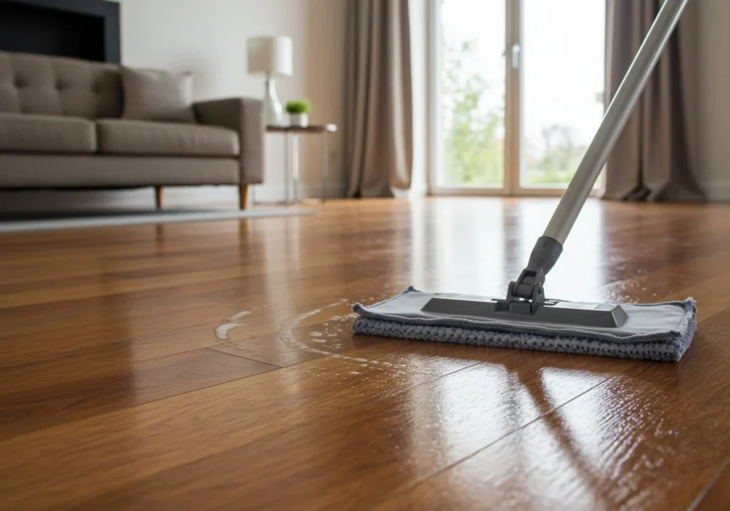 Hardwood floor being cleaned with a microfiber pad