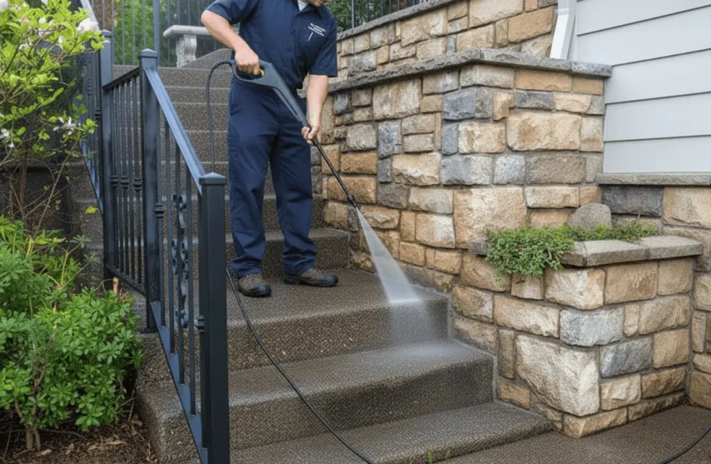 Pressure washing the stairs of an apartment community
