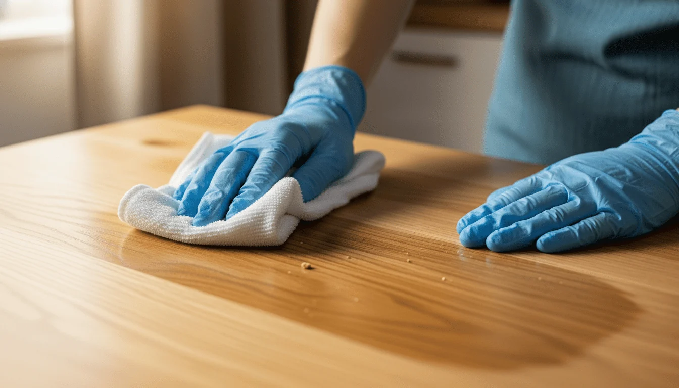 Cleaner wiping down a kitchen counter during a house cleaning