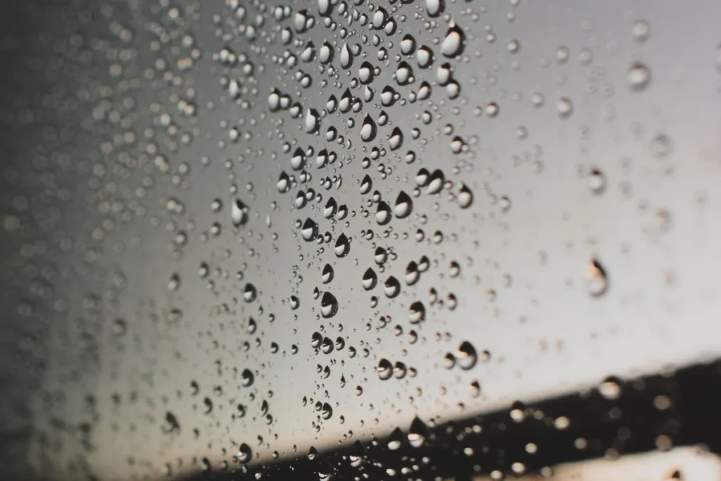 Water droplets on a window on a humid, rainy day