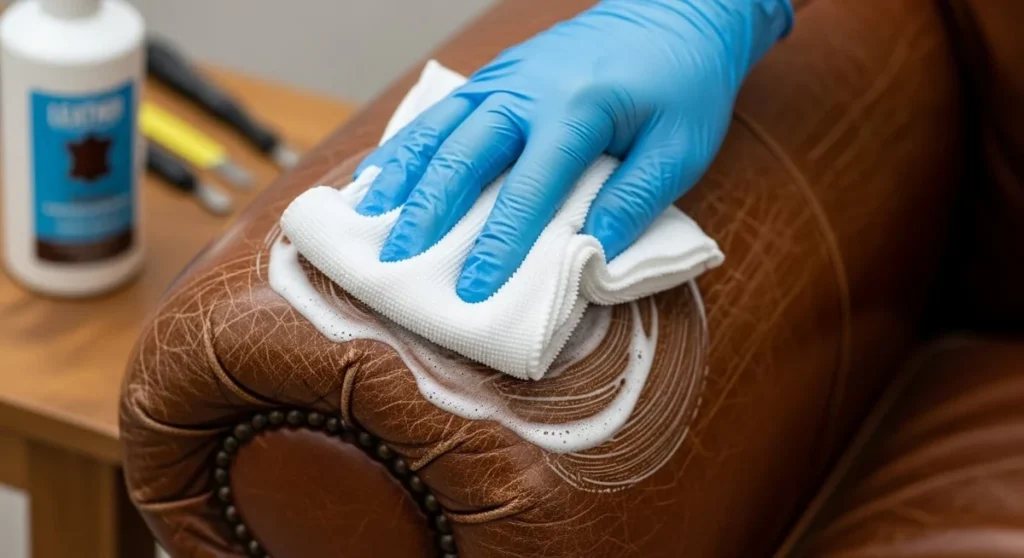 Leather sofa being cleaned and conditioned by hand