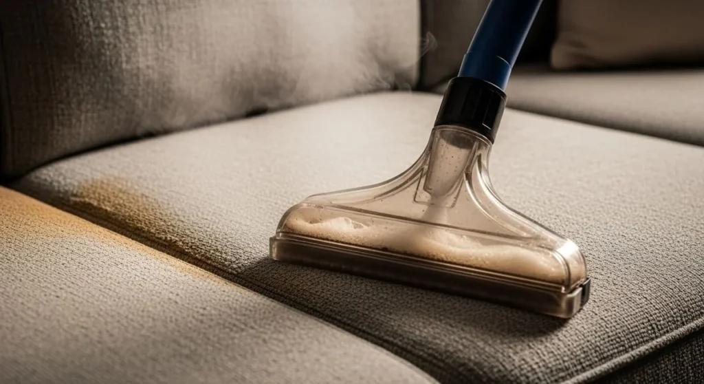 Microfiber couch cushion being cleaned with an extraction tool