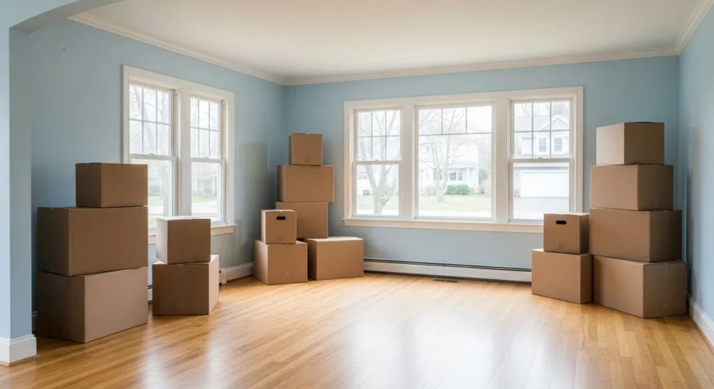 Empty room with moving boxes ready for move-out cleaning