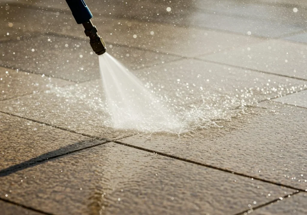 Natural stone floor being cleaned with a stone-safe solution