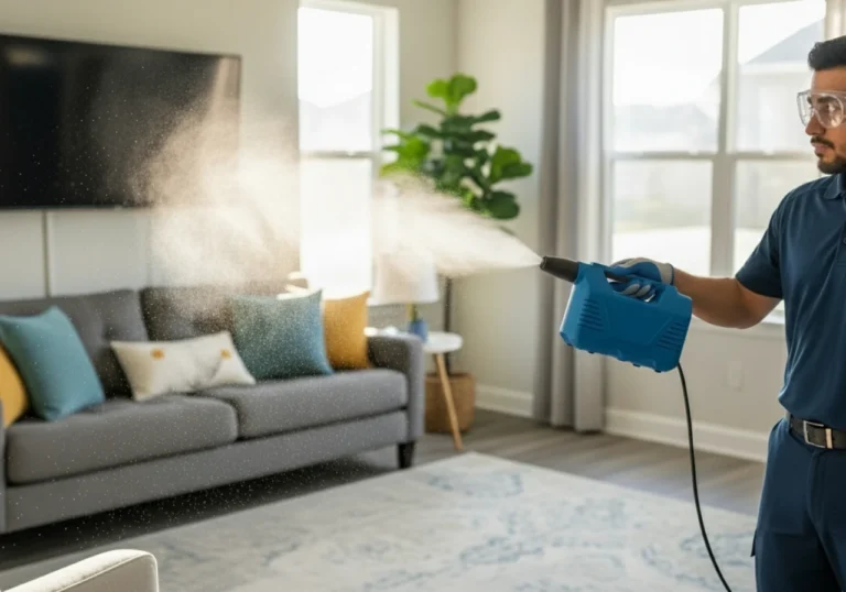 Odor control treatment being applied in a living room with a sofa
