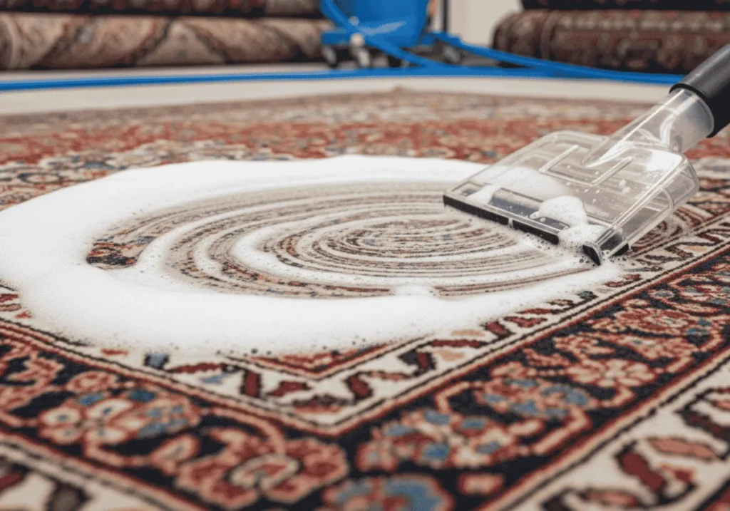 Oriental rug being washed with low-moisture foam