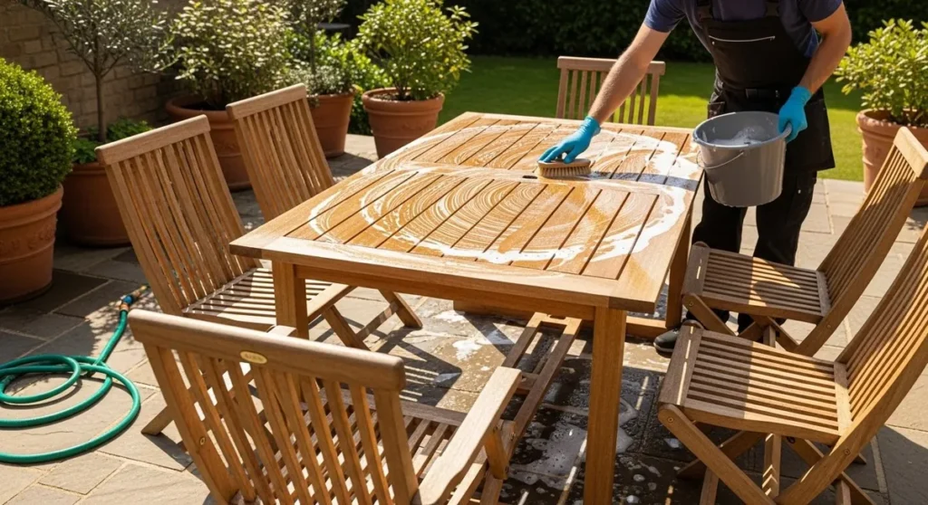 Patio furniture and deck being washed during a pool area cleaning