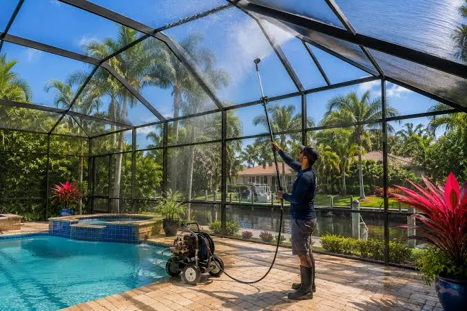 Technician washing a pool cage with a pressure washer on a paver pool deck