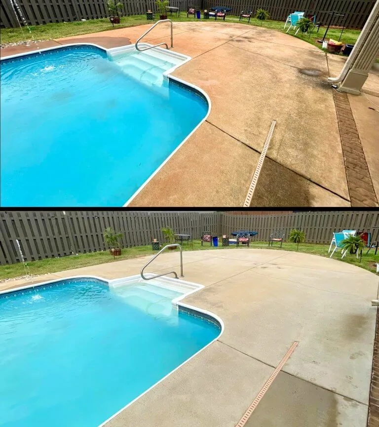 Pool deck concrete before and after pressure washing