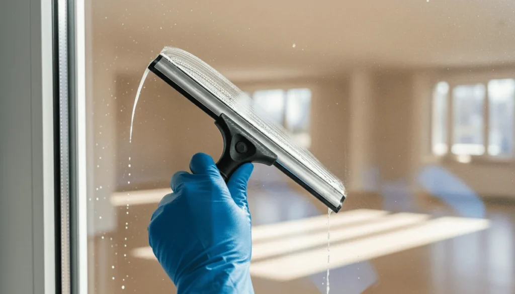 Construction dust being cleaned from a new window