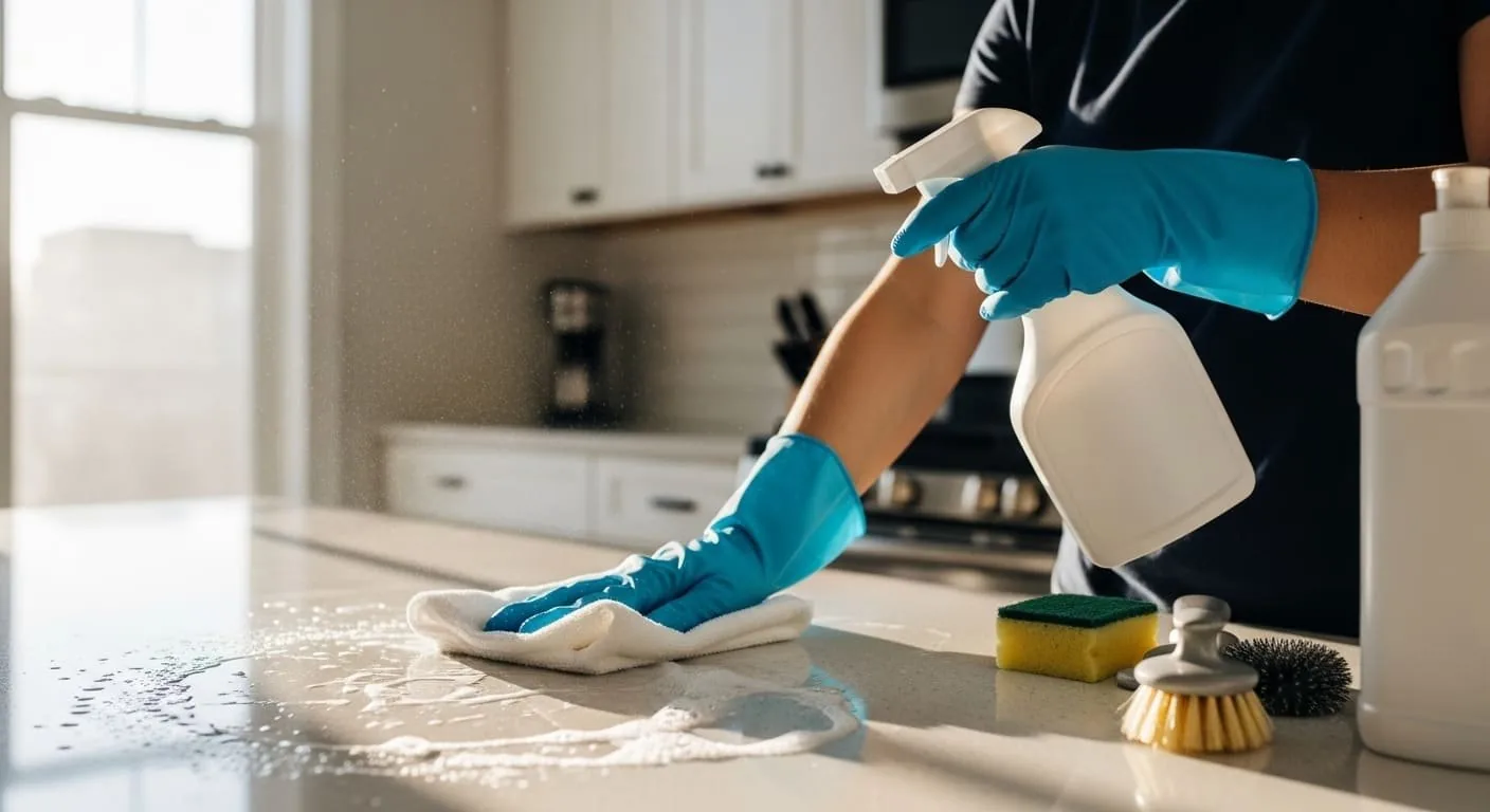 Cleaner wiping a kitchen countertop during a house cleaning