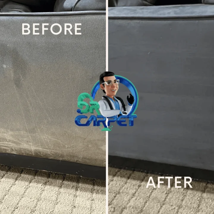 Gray fabric sofa before and after cleaning by Dr. Carpet