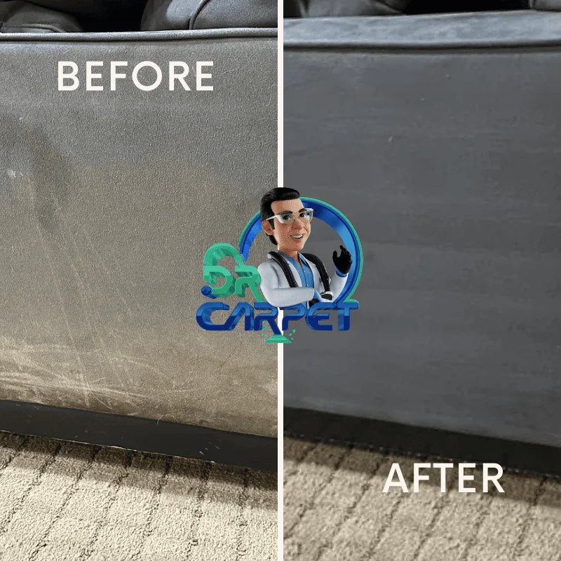 Gray fabric sofa before and after cleaning by Dr. Carpet