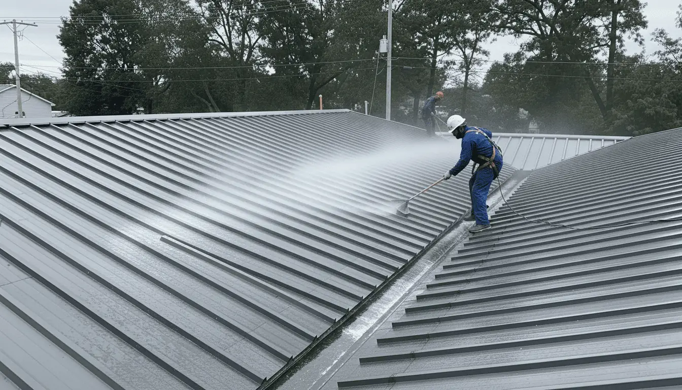 Technician soft washing the siding of a two-story house