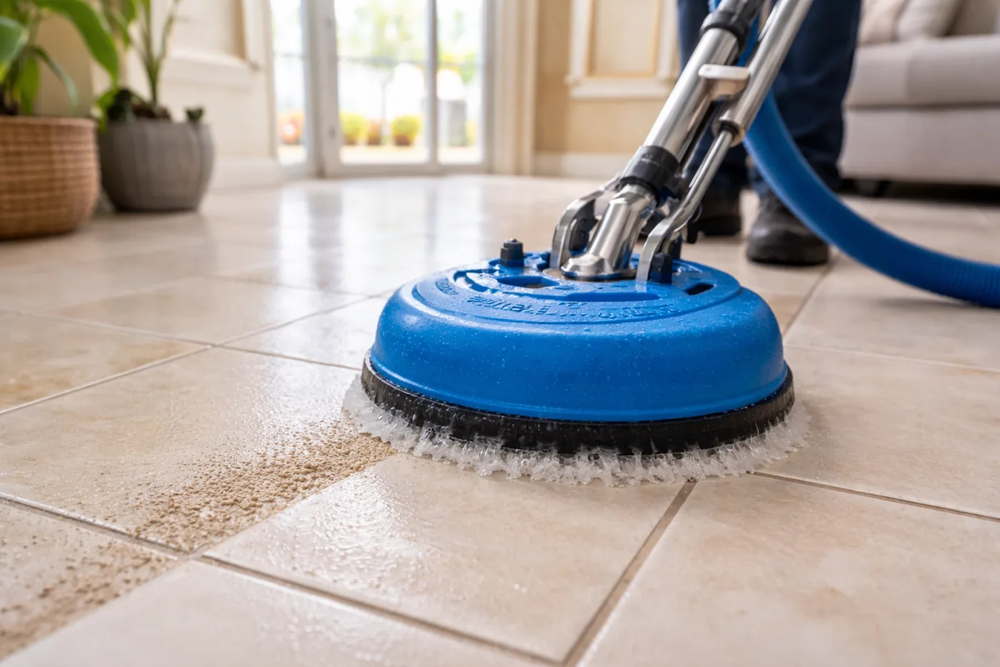 Rotary spinner tool cleaning tile and grout with hot water extraction in Walnut Creek, CA