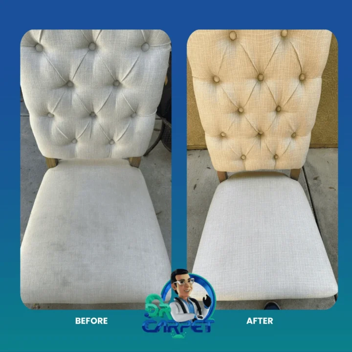 Tufted upholstered chair before and after cleaning by Dr. Carpet