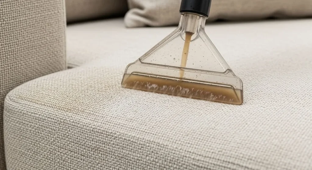 Technician cleaning a gray fabric sofa with an upholstery tool