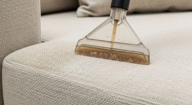 Technician cleaning a gray fabric sofa with an upholstery tool
