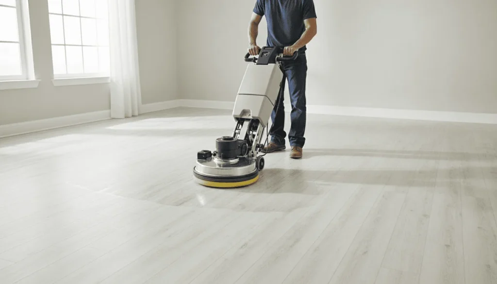 Floor machine cleaning luxury vinyl plank flooring